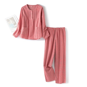 Red and white plaid cotton pajama set with long sleeve top and elastic waist pants