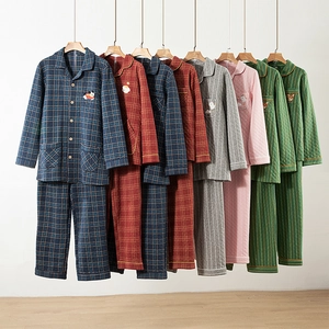 Warm Cotton Air Layer Pajamas For Couples Embroidered Long Sleeve Top And Long Pants Quilted Home Wear Nightwear