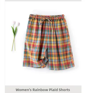 Detailed view of women's rainbow plaid cotton pajama shorts with elastic drawstring waist