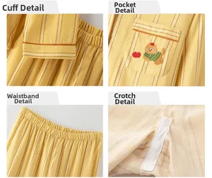 Detailed views of cotton striped pajamas showing embroidery pocket and elastic waistband