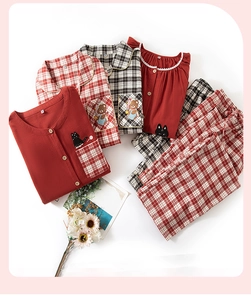 Detail of soft cotton plaid pajama sets with cute animal embroidery for couples