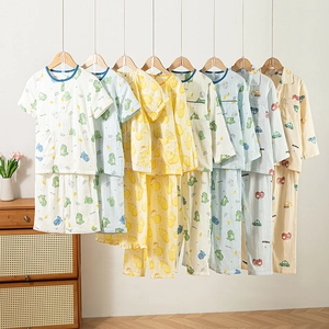 Ensemble Pyjama Enfant 100% Gaze de Coton Imprimé Dinosaure Voiture Poire Lapin Manches Courtes Longues Vêtements de Nuit Respirants pour Garçons Filles