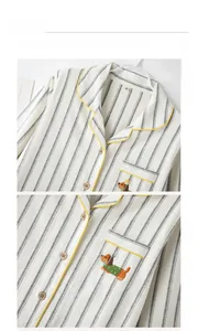 Detail of striped cotton pajama neckline and cute puppy embroidery on chest pocket