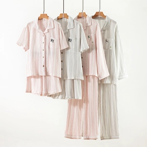 Cotton Striped Couples Loungewear Top And Pants With Panda Embroidery Soft Breathable Double Gauze Sleepwear For Women Men