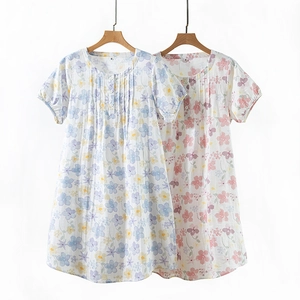Damen Reine Baumwolle Doppel Gaze Blumen Nachthemd Locker Süß Schlafanzug Home Wear Pajama Kleid