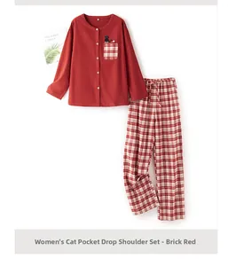 Women's brick red cotton pajama set with plaid pocket and cute cat embroidery detail