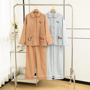 Damen 100% Baumwolle Gingham Schlafanzug-Set Langarm Top Und Bottom Nachtwäsche Mit Stickerei Knopfleiste Homewear