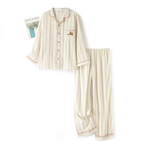 Unisex cotton striped pajama set with long sleeves and bear embroidery detail