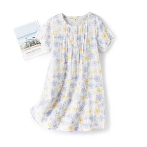 Damen Baumwolle Nachthemd mit Blumenmuster Kurzarm Knopfleiste und Vintage Postkarte