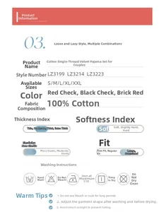 Size chart and washing instructions for 100% cotton plaid pajama set in various sizes