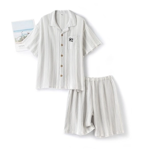 Grey striped short sleeve cotton gauze pajama set with embroidered panda pocket detail