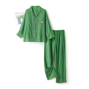 Striped green cotton pajama set for adults with orange cat embroidery detail