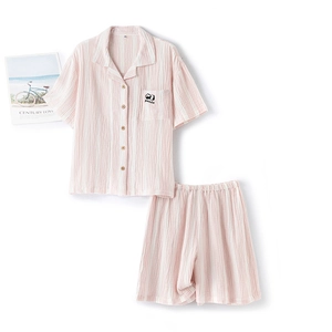 Pink striped cotton crepe pajama set for women featuring cute panda embroidery