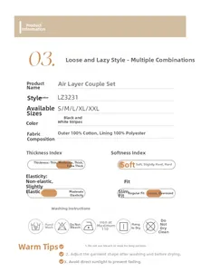 Detailed size chart and material specs for striped quilted cotton pajama set