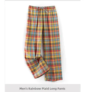 Detail shot of men's rainbow plaid cotton trousers with adjustable drawstring waistband