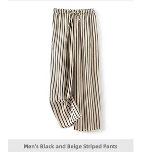 Detail of men's double-layer cotton lounge pants with black and beige vertical stripes