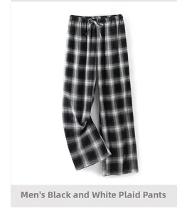 Detailed view of men's black and white plaid cotton pajama pants with drawstring waist