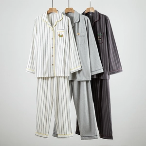 Women's Men's Striped Cotton Loungewear Long Sleeve Button Down Sleepwear With Cartoon Dog Embroidery Warm Top And Pants