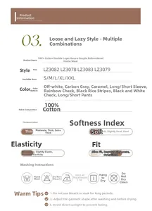 Detailed size chart and fabric specs for 100% cotton double gauze couple pajamas set