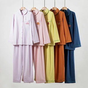 Comfortable 100% Cotton Brushed Pajamas Sleepwear For Couples Embroidery Long Sleeve Top And Pants Warm Homewear For Adult