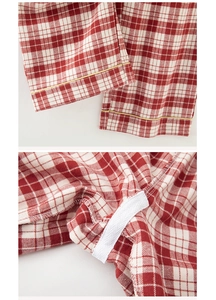 Detail of red plaid cotton pajama pants featuring yellow piping and reinforced inner stitching