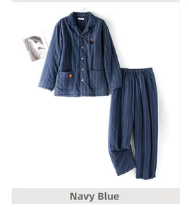 Navy blue striped thermal pajama set with button-down top and fine embroidery detail