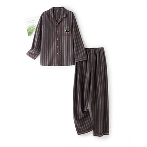 Grey striped cotton pajama set for couples featuring long sleeves and weekend embroidery