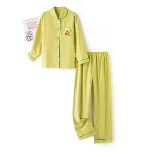 Matching couples light green cotton pajama set with cute panda embroidery and piping
