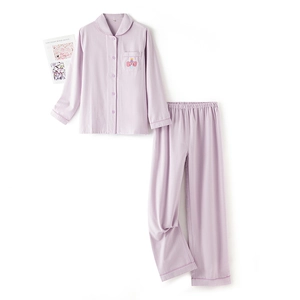 Lavender cotton fleece pajama set with long sleeves and elephant embroidery detail