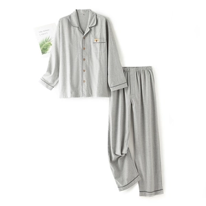 Men's grey striped cotton pajama set featuring long-sleeved button-up top and trousers