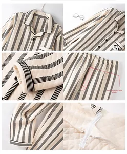 Detail view of men's quilted striped pajamas with front fly and panda embroidery