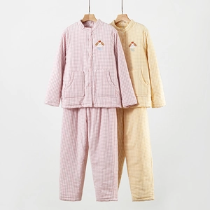 Women's Three-Layer Quilted Cotton Pajama Set Thickened Warm Gingham Loungewear Long Sleeve Top And Bottom Winter Homewear