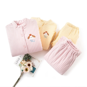 Women's warm thermal plaid pajama sets with cute dog embroidery in pink and yellow