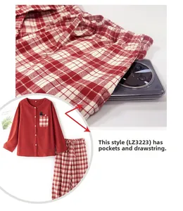 Detail of red plaid cotton pajamas with side pockets and adjustable waist drawstring