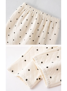 Detail showing elastic waistband and ribbed cuffs on quilted polka dot thermal pajamas