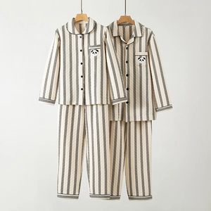 Couple Quilted Striped Cotton Pajamas Thickened Air Layer Long Sleeve Top And Pants Home Wear With Panda Embroidery