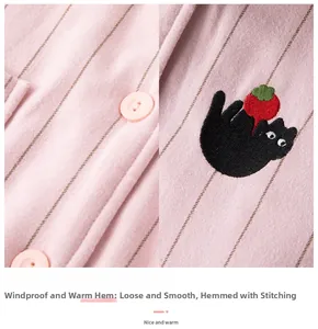 Detail of pink striped thermal pajamas with cat embroidery and windproof hem stitching