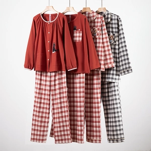 Women Men Couple Plaid Cotton Brushed Pajamas Long Sleeve Button Down Sleepwear Home Wear Top And Bottom Loungewear