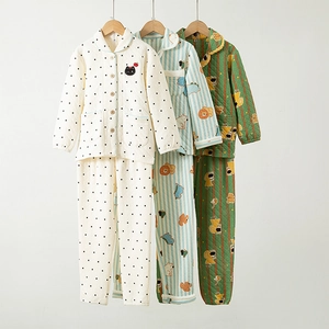 Kids Quilted Thermal Pajamas Top And Pants 3-Layer Air Cotton Warm Homewear Cartoon Print Winter Sleepwear For Boys Girls