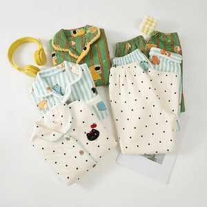 Three-piece kids quilted thermal pajama sets with cute embroidery and cartoon prints