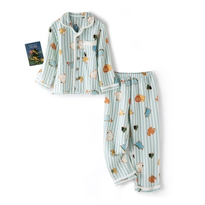 Kids quilted cotton pajamas set with cute blue white stripes and animal cartoon prints