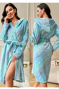 Detail of plush tie-waist bathrobe with starry pattern in blue and purple gradient