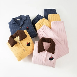 Thick winter striped pajama sets for couples with fleece collars and cat embroidery