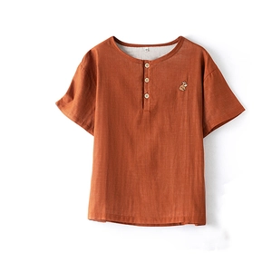 Short sleeve rust red double gauze cotton Henley pajama shirt with animal embroidery