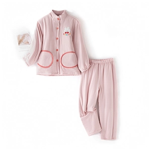Ensemble pyjama trois couches en coton rose épais pour enfants avec broderie lapin