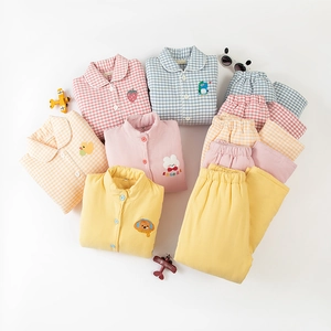 Pyjama enfant chaud en coton épais trois couches avec broderies d'animaux mignons