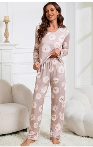Detail of sweet sheep print on pink ice silk pajama set with long sleeves and pants