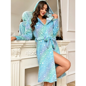 Thick flannel hooded bathrobe for women featuring a blue star pattern with a waist belt