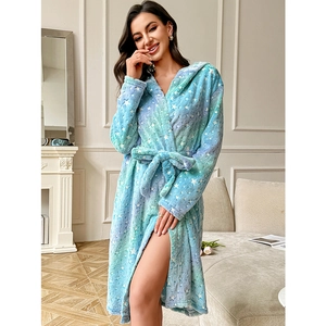 Plush hooded bathrobe with star pattern for women featuring warm fleece and waist tie