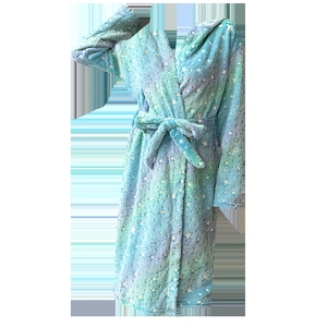 Thick hooded flannel bathrobe with gradient star pattern and matching waist belt
